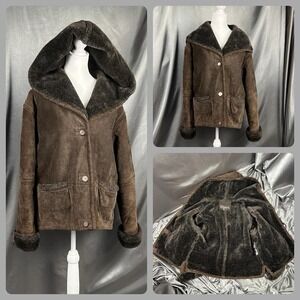 Vintage Penny Lane Leather Suede Coat Size L Brown Faux Fur Button Front Y2K 90s